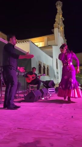 A male flamenco dancer in a black vest and pants faces a female flamenco dancer wearing a purple dress with polka dots and ruffled hem. The female dancer has her back to the camera and is bending over while the male dancer extends his right arm towards her. The dancers are on a wooden stage illuminated by pink lights. Behind them, two male musicians are playing guitars. A building with arched windows and a tall tower is visible in the background, and the scene appears to be outdoors at night.