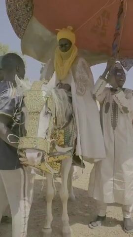 The video shows a gathering of people in an outdoor environment, likely for a cultural event or celebration. In the initial frame, a man in traditional attire rides a white horse adorned with decorative gold embellishments. An umbrella is held above him by another person, likely to shield him from the sun. Other individuals in traditional clothing surround him, possibly attendants or participants.

The camera pans across the scene, revealing more people dressed in a mix of traditional and modern clothing. Some are carrying baskets, and others are taking photos or videos with their phones. The backdrop consists of a dusty, arid landscape with buildings in the distance. The overall atmosphere suggests a festive or ceremonial occasion.