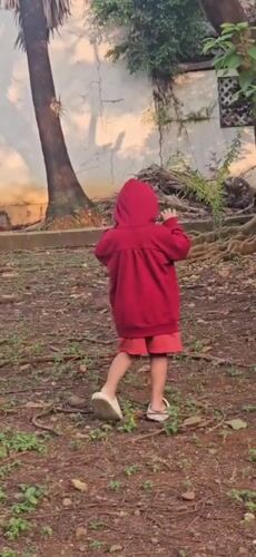 Kid roams a Bekasi yard, crossing paths with chickens and a cat