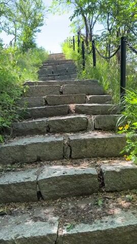 The video captures a first-person perspective of someone ascending a long, steep flight of outdoor stone stairs. The stairs are made of large, grey, roughly hewn stone blocks, many showing signs of wear, cracking, and minor erosion, suggesting age and frequent use.

Lush green foliage, including tall grasses, bushes, and trees, flanks both sides of the stairway, creating a vibrant natural setting. On the right side, a black metal chain railing supported by black posts runs alongside the steps, extending upwards.

The camera moves in sync with distinct footsteps and audible heavy breathing, indicating the videographer is actively climbing the stairs. The bright, clear sky is visible above the tree line at the top of the incline, suggesting it is daytime, likely a sunny day. The scene depicts a natural, rustic pathway, possibly a hiking trail or a path leading to a scenic viewpoint in the Jiejinkou region of China. No other people or visible text are present in the frame.