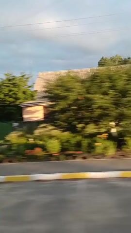 This is a horizontal panning video of a street scene with buildings and trees. The video starts on the left with a driveway and a house with a fence, then pans to the right showing a building with a sign that says "TRAVELLER" and then another building with solar panels on the roof and the word "КАФЕ" visible. The sky is partly cloudy. The video is shaky and blurry due to the movement.