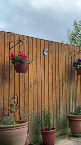 The video displays a static shot of a section of a wooden garden fence on an overcast day. The fence panels are light brown/orange in color. Two black metal brackets are mounted on the fence, each holding a hanging basket. The basket on the left contains vibrant pink and red flowers, while the one on the right holds purple flowers.

Midway up the fence, a small, dark, half-sphere shaped object, possibly a solar light, is attached. At the bottom of the frame, several potted plants are visible on the ground. These include a large terracotta pot with green leafy plants, another terracotta pot with a spiky green plant, and a pot with pink flowers further to the right. A small, decorative metal item, resembling a miniature bird feeder, hangs from a stand near the bottom left pot. The sky above the fence is cloudy and gray. The overall scene depicts a well-maintained garden area.