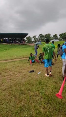 The video shows a group of people gathered on a grassy field. Some people are wearing soccer uniforms, while others are wearing casual clothes. A small set of bleachers is visible in the background, containing spectators. There are trees in the background. The sky is overcast. The overall setting appears to be an outdoor event, potentially following a soccer match. A person is holding a red plastic horn, which is called a vuvuzela.
