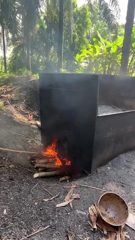A fire burns vigorously beneath a large, black, rectangular metal container, producing a significant amount of smoke that rises into the air. The fire consists of burning logs and branches laid on the bare ground. The setting is outdoors in what appears to be a rural or village environment, with lush green foliage, including palm trees, visible in the background. The ground is made of dark earth, scattered with small pieces of wood, leaves, and what might be ash or charcoal. A broken coconut shell lies on the ground to the right of the fire. In the distance, a red plastic bucket is barely visible near some excavated earth. The scene depicts the process of charcoal making, with the metal container likely serving as a kiln. The time of day is daytime, under natural light. There are no people visible in the frame, and no visible text. Background music and the sounds of the crackling fire are audible.