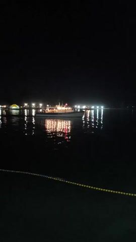 A boat is illuminated by lights on the water at night. The boat is white with a striped awning. There are lights on the boat that reflect on the water. There are also lights on the shore in the background. The water is dark and calm. There is a yellow rope with lights on it in the foreground. The sky is black.