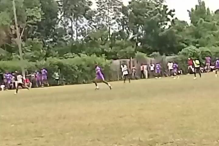 The video shows a soccer game being played on a grassy field. There are several players wearing purple jerseys and a few in white. A player in purple is dribbling the ball down the field, pursued by a player in white. A line of spectators can be seen in the background along the edge of the field, and some trees and greenery form a backdrop.
