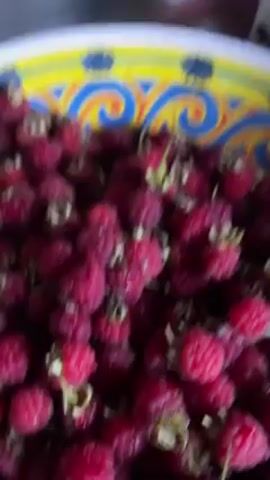 The video shows someone holding a bowl of raspberries over a kitchen sink. They pick up a raspberry, inspect it, and then appear to eat it. The sink contains various kitchen items, including bowls and containers. The background is blurred, showing additional items on the countertop.
