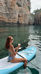 Paddleboarding along Budva's rocky coastline on a quiet morning