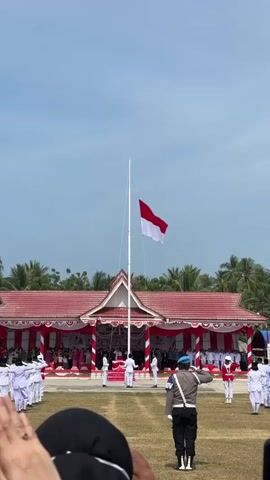 The video captures an outdoor flag-raising ceremony on a clear, sunny day. The focal point is a tall flagpole on a grassy field, from which the Indonesian flag, a bicoloured red and white ensign, is being hoisted. A group of individuals in white uniforms stand in formation to the left of the flagpole, facing the structure in the background. To the right, a person in a blue uniform, likely a police officer, stands at attention and salutes. Behind them, another individual in a red uniform, possibly part of a marching band or honor guard, also stands at attention. In the background, a building with a red roof and white trim, decorated with red and white banners, serves as the backdrop for the ceremony. A crowd of spectators is visible in front of the building. Palm trees frame the scene in the distance, suggesting a tropical or subtropical location. The overall atmosphere appears formal and patriotic.
