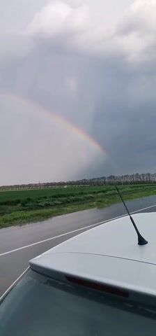 The video captures a scenic rural landscape, likely near Slaveevo, Bulgaria, under a cloudy sky after a rain shower. A vibrant rainbow arcs prominently across the sky, stretching from the left side of the frame towards the right.

In the immediate foreground, the white roof and rear window of a car are visible on the right, featuring a black antenna. The perspective suggests the footage is captured from inside or just above the car. A wet asphalt road, edged with a white line, occupies the left portion of the scene, reflecting the overcast sky.

Adjacent to the road lies a vast, lush green field, possibly cultivated land. A distant line of trees, appearing dark and perhaps bare, forms a natural boundary on the horizon. The sky is largely covered in grey clouds, but lighter patches are present, allowing the sunlight to create the colorful rainbow.

As the camera pans slightly or the vehicle moves, more of the green field and the full arc of the rainbow are revealed. A tripod-like structure, possibly a piece of agricultural equipment, becomes visible within the field in the later part of the video. The scene evokes a sense of post-rain tranquility and natural beauty.