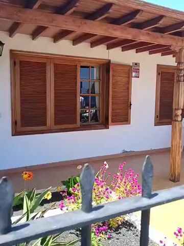 The video captures a bright, sunny outdoor scene in Puerto Del Carmen, Spain.

It opens with a close-up of a charming white building featuring a covered patio. The patio is sheltered by a rustic wooden pergola-style roof, supported by a decorative wooden pillar on the right. Several windows on the building are fitted with dark wooden louvered shutters, partially open on the left, reflecting the sunny surroundings. On the patio, a white outdoor dining set, consisting of a round table and several chairs, is visible, suggesting a place for relaxation or dining.

In the immediate foreground, a meticulously maintained garden bed with vibrant pink and purple flowers borders a black, ornate metal fence. The fence features pointed finials and decorative scrollwork elements. A small, unreadable red and white sign is visible on the building's wall to the left of the patio.

As the camera pans to the right, it reveals more of the surrounding street scene. The black metal fence, built atop a rough-hewn stone wall, extends along the sidewalk, separating the property from the public walkway. Further down the street, other white buildings with awnings are visible, suggesting commercial establishments like cafes or shops. People are seen strolling along the paved sidewalk, enjoying the sunny weather. One man in a white t-shirt and light-colored shorts walks past, with sunglasses resting on his head. A tall palm tree stands prominently against a clear blue sky, adding to the typical coastal resort atmosphere.

The overall impression is one of a relaxed and pleasant day in a popular holiday destination. No discernible text is clearly visible on any signs or objects.