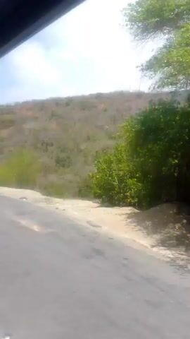 This is a short video clip, likely filmed from the perspective of someone traveling in a vehicle. The scene is a roadside view of a dry, hilly landscape covered in sparse vegetation, with a paved road in the foreground. A few trees and bushes are scattered along the roadside and on the lower slopes of the hills. The sky is overcast with some patches of bright light, suggesting it might be daytime, possibly late morning or afternoon. The weather appears to be warm and dry, consistent with a tropical or semi-arid climate.

In the middle of the video, a silver SUV is visible parked on the side of the road. Further down the road, a large billboard is seen. The billboard features a colorful advertisement with images of people and text. Though the text is somewhat blurry, the word "MERENGUE" is clearly legible, suggesting an event or performance related to the music genre. Other text is present, but too pixelated to be deciphered. The overall impression is a glimpse of a journey through a semi-arid region, possibly in Venezuela, given the location context provided. There are no discernible emotions conveyed, and the focus is on the passing scenery.