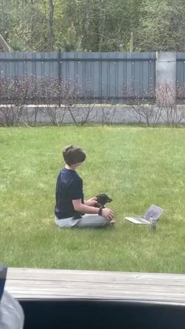 A boy sits cross-legged on a grassy lawn in a backyard. He is facing slightly to the right, with a laptop open on the grass next to him. He is holding a small, dark-colored dog. A gray fence borders the lawn. The background features trees.