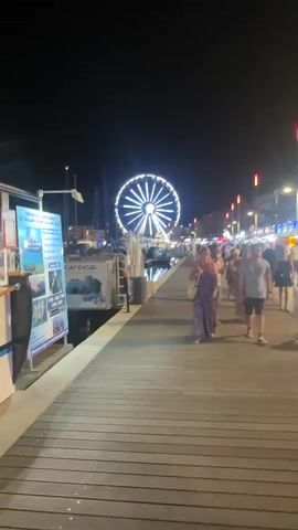 The video shows a nighttime scene at a waterfront promenade. A large Ferris wheel illuminated with white lights is visible in the background, with a dark sky above. To the left of the Ferris wheel, there are boats docked in the water, with masts of sailboats also visible. A sign on the left edge of the frame displays information and images related to marine life and boat tours, with text in French. Along the promenade, several people are walking. In the foreground and mid-ground, individuals are seen strolling along a wooden walkway. The atmosphere appears to be lively, with lights from buildings and possibly other attractions lining the right side of the promenade. The lighting suggests it is evening or night.