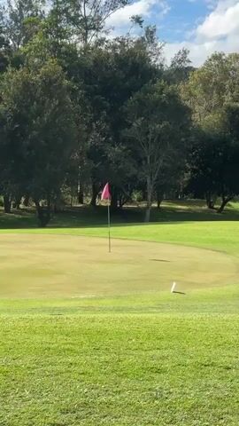 The video shows a golf course on a sunny day. A pink flag on a golf hole is visible in the center of the frame, with a white tee marker to its right. The foreground consists of neatly manicured green grass, with trees and foliage forming a backdrop. The sky above is partly cloudy. The camera is static.