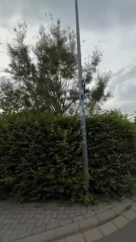 The video shows a view from a sidewalk made of pavers, looking towards a green hedge. Behind the hedge, the roof of a house is visible, along with part of a yellow wall and a wooden fence. There's also a carport with a car parked under it. The sky is cloudy. The camera pans to the right, revealing more of the hedge, a tree, and then a closer view of the house, fence, and carport. The video captures a residential street scene with a focus on the house and its surrounding vegetation.