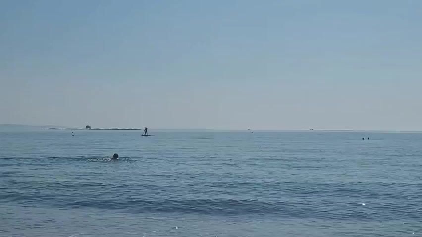 A wide shot of a tranquil ocean under a clear blue sky. In the foreground, small waves gently lap against an unseen shore. In the mid-distance, a person is swimming, with their head and shoulders visible above the water. Further out, a person stands on a paddleboard. In the far distance, several small boats or distant landmasses are visible on the horizon. The water is a calm, deep blue, and the overall atmosphere is serene and peaceful.