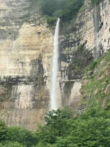 The video shows a tall, thin waterfall cascading down a sheer cliff face. The cliff is made of layered rock, predominantly a light beige color with darker streaks and patches of green vegetation growing in crevices. The water plunges from a high point, appearing as a white ribbon against the rock, and dissipates into mist as it falls. At the base of the waterfall and on the surrounding slopes, lush green trees and foliage are visible. The overall environment appears natural and somewhat rugged. The video is a still image, so there are no actions or interactions taking place.