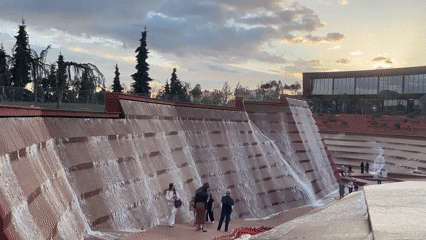 Afternoon stroll captures Krasnodar park's waterfalls and modern architecture