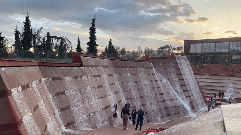 Afternoon stroll captures Krasnodar park's waterfalls and modern architecture