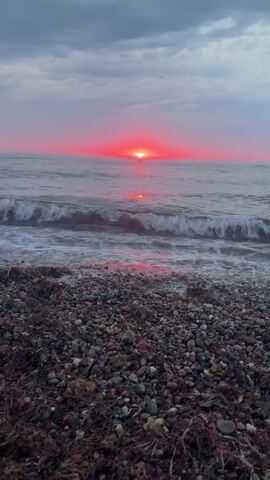 A low-angle shot captures a serene beach scene at dusk. In the foreground, a pebbly shoreline is covered with dried seaweed and debris. The ocean stretches out to the horizon, with gentle waves rolling in. The sky is a canvas of muted gray clouds, dramatically contrasted by the vibrant, intense crimson glow of the setting sun. The sun, a small, bright circle, is positioned just above the horizon, casting a fiery reflection onto the water's surface. The overall atmosphere is one of tranquil beauty.