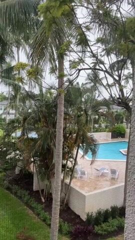 The video pans across a view of a tropical resort, featuring lush palm trees, a swimming pool, and several chairs and tables arranged around the pool area. The sky is overcast, suggesting a cloudy day. The presence of a mesh screen in the foreground indicates the viewpoint is from inside a building or screened enclosure.
