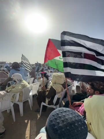 The video shows a large outdoor gathering of people, mostly men, seated on white plastic chairs under a bright, sunny sky. The ground is dusty, suggesting an arid environment. Many attendees are dressed in traditional attire, including turbans and headscarves.

In the foreground, a prominent Palestinian flag, displaying Arabic text that appears to read "فلسطين" (Palestine), is held aloft by a man in the crowd. Next to it, another large flag with black and white horizontal stripes is also visible. People in the crowd are attentive, listening to a speaker whose voice can be heard in the background. The speaker is using phrases like "khade rahenge" (will stand) and "aage jane nahi denge" (will not let them go forward), indicating a determined stance. The scene captures a moment from what appears to be a political rally or public meeting in Pishin, Pakistan.