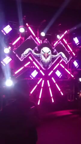 A video captures a stage setup with an illuminated eagle image as the centerpiece. The eagle is depicted with wings spread wide, framed by a geometric, neon-like light design in shades of pink and purple. Numerous stage lights, some emitting white beams and others pink and purple light, are positioned around the central display, creating a vibrant and dynamic atmosphere. The scene appears to be set for a performance or event, with the lighting suggesting a concert or club setting. In the foreground, a silhouette of a person is visible, looking towards the stage. The overall impression is one of high-energy entertainment with a focus on visual spectacle.