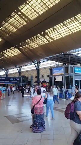 The video shows an indoor train station. A high ceiling has steel supports and a semi-transparent roof. Many people are walking in various directions, some with luggage. There is a small structure in the center, labeled "Punto de carga lia". A tall Christmas tree stands to the right, decorated with lights and colorful ornaments. The overall atmosphere is busy, indicating a public transportation hub.