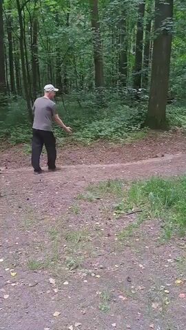 A man wearing a grey t-shirt, black pants, and a white baseball cap is bent over on a dirt path in a forest. He is holding something small and red in his right hand and appears to be interacting with the ground. The path is lined with green foliage and trees.