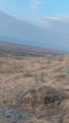 The video shows a landscape with dry grass and some scattered green bushes. The sky is blue with some clouds. There is a slight incline to the land, suggesting a hill or elevated area. The camera appears to be moving, possibly from a vehicle, as the foreground is blurred. In the distance, there are more rolling hills and a faint indication of structures or a settlement. The overall impression is of a dry, open, natural environment.