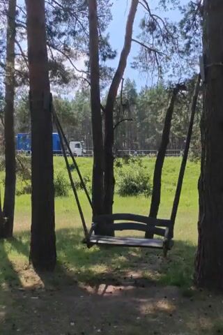This is a brief video clip that captures a swing in a wooded area. The swing is made of wood and appears to be attached to trees. In the background, there is a road with a truck and other vehicles. The area is surrounded by trees and lush green vegetation, suggesting a natural or park-like setting. The lighting indicates it is daytime. The swing is stationary throughout the clip.