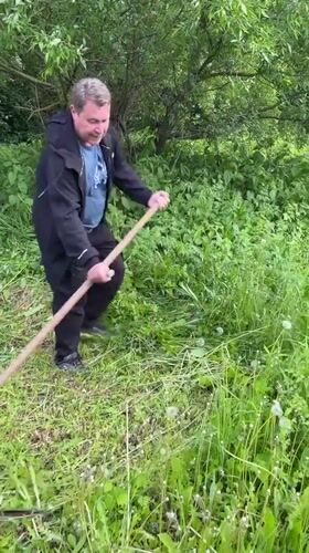 Man cuts grass with scythe in rural Russian village