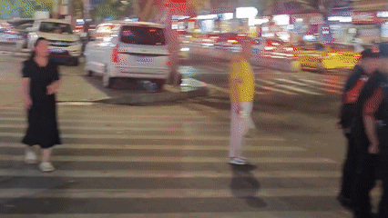 Street scene with dog walker and uniformed group observed