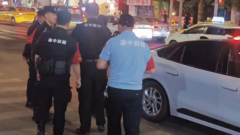 Street scene with dog walker and uniformed group observed