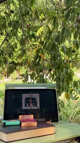 A tablet displays a music streaming application with album art of a woman in a car and the title "Girl With The most Cake." Next to it are a green lighter, a pack of cigarettes, and a book. The tablet and objects are on a table outdoors, with lush green foliage and trees in the background.