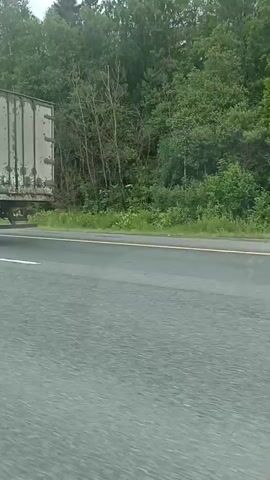 The video shows a view from inside a car traveling on a highway. The primary focus is on the road ahead and the vehicles moving alongside. A large white semi-trailer truck is prominently featured, seen from various angles as it drives on the highway. The scene appears to be set in a rural or semi-rural area, with dense green trees lining the side of the road. The sky is overcast with dramatic clouds, suggesting either early morning or a cloudy day.

In the foreground, the interior of the car is visible, including the dashboard with a plush toy octopus placed on it. A side-view mirror is also visible, reflecting a portion of the car's interior and the road. Other vehicles, including a black van and a red car, can be seen further down the highway. The overall impression is of a typical journey on a highway, with the movement of traffic and the passing scenery.

The location is identified as Serp I Molot, Russia. No specific time of day is evident beyond the overcast weather. The emotions conveyed are neutral, reflecting a mundane travel experience. No visible text is clearly decipherable within the video clips.