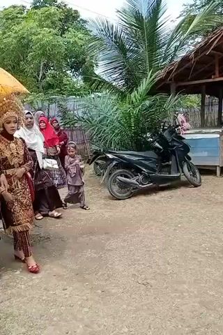A wedding procession is captured in this video. A woman in a traditional wedding dress and headdress, adorned with intricate gold embroidery, is walking forward. She is accompanied by another woman holding a large yellow umbrella over her. To the right, a young child in a similar traditional outfit is standing. In the background, a motorcycle is parked, and a structure with a thatched roof is visible. The scene appears to be outdoors, with foliage and trees surrounding the area. The ground is unpaved, a mix of dirt and gravel. Several other individuals, including women in hijabs, are present in the background, observing the procession. The overall atmosphere suggests a cultural celebration.