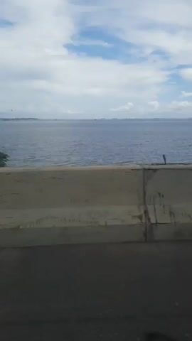 The video shows a view from a moving vehicle. The foreground consists of a gray concrete barrier and a dark asphalt road. Beyond the barrier, there are green trees and vegetation. The background features a large body of water, possibly the sea or a lake, under a sky with scattered white clouds. The camera is positioned to capture a side view of the scenery as the vehicle travels.