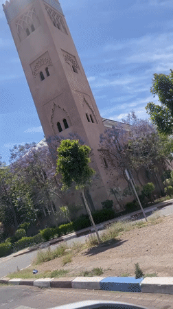 Ornate minaret amid blooming trees filmed in Marrakesh