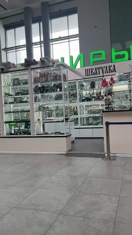 The video begins by showing a store with glass display cases filled with various items, possibly souvenirs or jewelry. The store has a sign with green lettering that appears to say "МИР ШКАТУЛКА" which translates to "WORLD BOX". There are taxidermied animals displayed on top of the display cases, including what appears to be a bear. The store is well-lit with internal lighting in the display cases. The flooring is a large-tiled gray material. The environment appears to be a large indoor space, possibly an airport or a shopping mall, with a high ceiling and large windows visible in the background.

The camera then pans to the right, revealing more of the store and the surrounding area. The perspective shifts, and the video captures a public waiting area with rows of black seats. Several people are visible in this area. One man is seated, looking at his phone. A woman is standing and appears to be talking to him, holding a purse. Further in the background, a desk labeled "ИНФОРМАЦИЯ" (Information) is visible, with two people interacting at the counter. Another display of items is visible to the far right, similar to the initial store. Escalators and other signage are also present in the background, suggesting a busy public transit hub or a large commercial complex.

The video continues to pan and zoom slightly, showing more of the general environment. A car is parked on the left side of the frame. People are walking in the distance. The lighting is bright and diffused, indicating a daytime setting. The overall impression is of a large, modern indoor public space with commercial establishments and waiting areas.