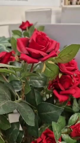 This media file features a close-up, still shot of a bouquet of artificial flowers. The primary focus is on a cluster of vibrant red roses, their petals detailed and lifelike. Interspersed among the roses are smaller purple flowers, possibly irises or pansies, and a prominent white flower with a grey center, resembling an anemone. Green artificial leaves and stems fill the spaces between the blooms, creating a lush appearance. The background is blurred, showing hints of white and light grey structures, suggesting an indoor setting, possibly a display or a retail environment. There is no visible text within the frame. The lighting appears to be artificial and even, casting no distinct shadows. The overall impression is a static arrangement of decorative flowers, likely for ornamental purposes, without any ongoing activity or specific time of day indicated.