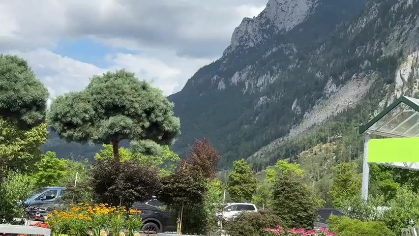 The video shows a scenic view of a mountain landscape with a greenhouse in the foreground. The mountain is covered in trees and has rocky cliffs. The greenhouse has a green roof and a banner that reads "Hier blühst du auf!" which translates to "Here you bloom!". There are several cars parked near the greenhouse, and various plants and flowers are visible. The sky is partly cloudy.