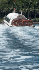 White passenger boat departs green shoreline in Nha Trang