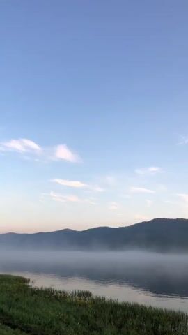 The video shows a serene landscape with a body of water in the foreground and misty mountains in the background. The sky is a clear, pale blue with a few wispy clouds. The water reflects the sky and the mountains. The shore is lined with green grass and some yellow wildflowers. The mist hangs low over the water, obscuring the base of the mountains and creating a sense of depth and tranquility. The lighting suggests it is either early morning or late evening. There are no people or any other objects or actions visible in the video.