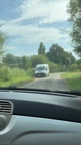 The video shows a white van with a black front bumper driving on a paved road. The road is surrounded by green trees and bushes. The van appears to be driving towards the viewer. The perspective is from inside a vehicle, looking out through the windshield. The sky is blue with some white clouds. The van is the main subject of the video, and the environment is the background.