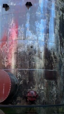 The camera looks up at three tall, industrial towers made of riveted metal plates, exhibiting heavy rust and paint discoloration. They are interconnected with metal walkways and ladders. The sky is clear and blue.