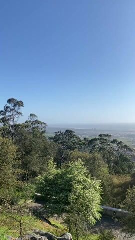 The camera pans up and to the right to show a concrete lookout point with a small seating area that overlooks a valley of trees and ocean. The sun is shining brightly and is partially in view.