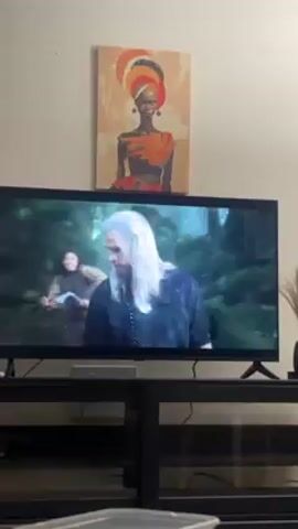 The video shows a TV screen displaying a scene from a show, likely a fantasy or action genre. In the scene, two figures are engaged in a fight. One figure with long, white hair is wearing a black outfit. The other figure, with darker hair and wearing lighter colors, is being attacked. The scene appears to take place in a forest environment. The camera focus is on the TV screen, showing the fight in the show. Above the TV is a painting of a woman with an orange headwrap and dress. The TV is on a black TV stand.