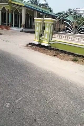 A video shows a greenish-yellow building with decorative pillars and ornate metal railings. The building appears to be a mosque. Palm trees are visible in the background. The camera is moving, suggesting the video was taken from a moving vehicle or by someone walking. The ground in the foreground is asphalt, with some debris and vegetation on the side.